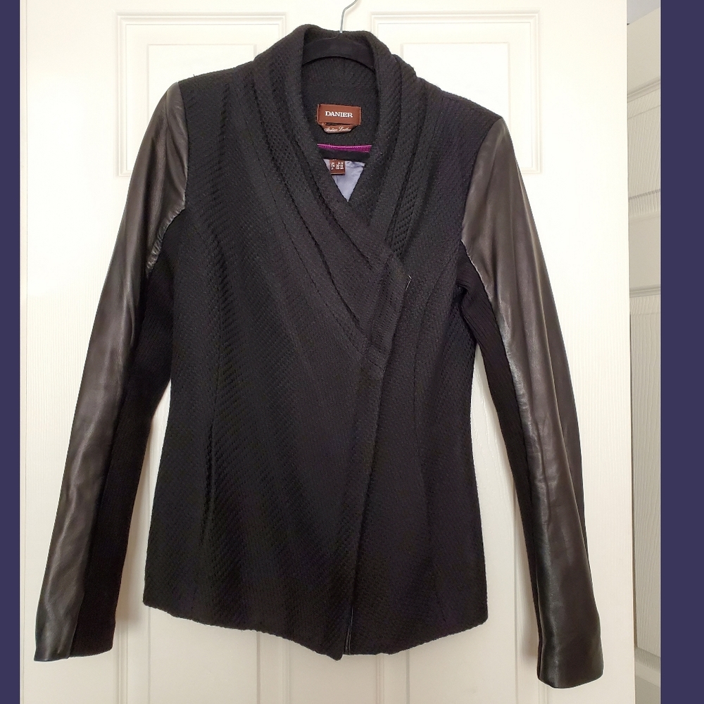 Danier Italian leather & wool blend asymmetrical zip black jacket coat XS